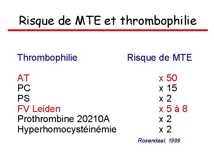 Risque de MTE et thrombophilie Thrombophilie AT PC PS FV Leiden Prothrombine 20210 A