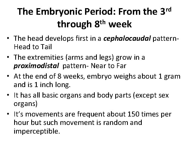 The Embryonic Period: From the 3 rd through 8 th week • The head