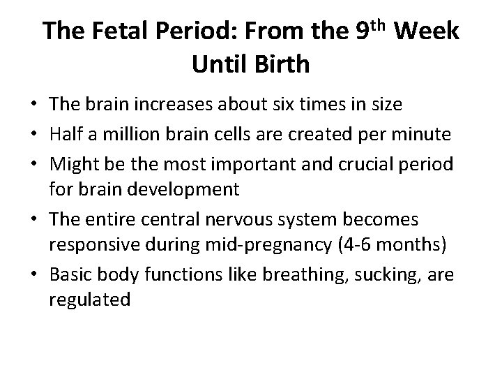 The Fetal Period: From the 9 th Week Until Birth • The brain increases