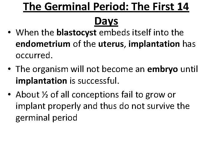 The Germinal Period: The First 14 Days • When the blastocyst embeds itself into