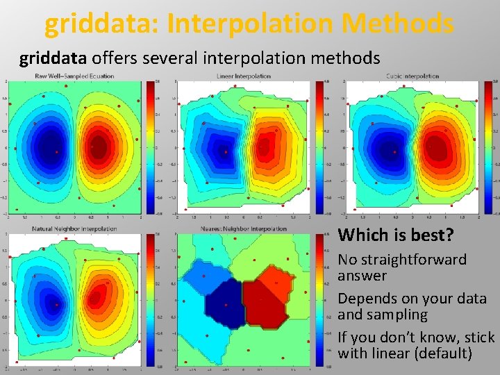 griddata: Interpolation Methods griddata offers several interpolation methods Which is best? No straightforward answer griddata: Interpolation Methods griddata offers several interpolation methods Which is best? No straightforward answer