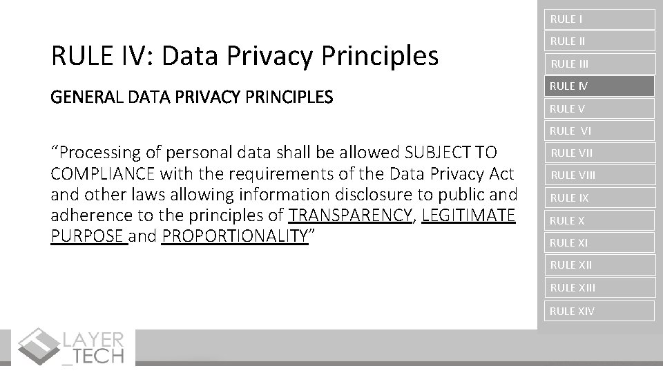 RULE IV: Data Privacy Principles RULE II GENERAL DATA PRIVACY PRINCIPLES RULE IV RULE