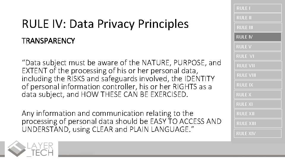 RULE IV: Data Privacy Principles RULE II TRANSPARENCY RULE IV “Data subject must be