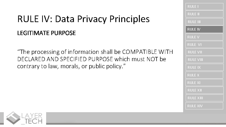 RULE IV: Data Privacy Principles RULE II LEGITIMATE PURPOSE RULE IV RULE III RULE