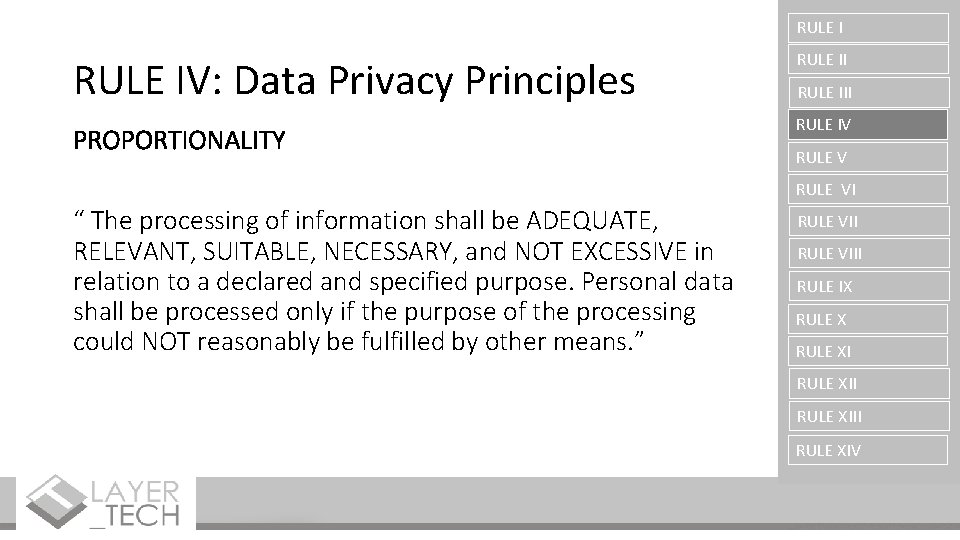 RULE IV: Data Privacy Principles RULE II PROPORTIONALITY RULE IV RULE III RULE VI