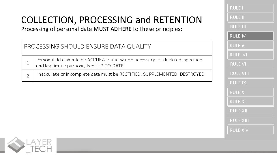 RULE I COLLECTION, PROCESSING and RETENTION Processing of personal data MUST ADHERE to these