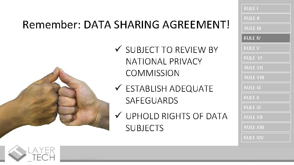 RULE I Remember: DATA SHARING AGREEMENT! RULE III RULE IV ü SUBJECT TO REVIEW