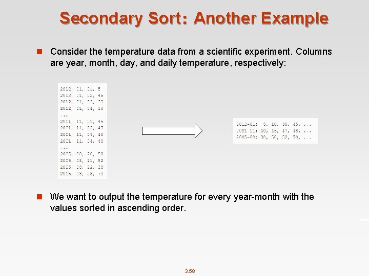 Secondary Sort： Another Example n Consider the temperature data from a scientific experiment. Columns