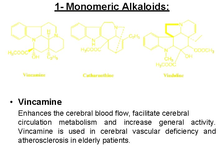 1 - Monomeric Alkaloids: • Vincamine Enhances the cerebral blood flow, facilitate cerebral circulation