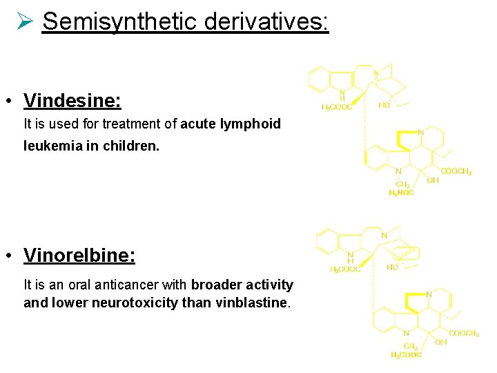 Ø Semisynthetic derivatives: • Vindesine: It is used for treatment of acute lymphoid leukemia