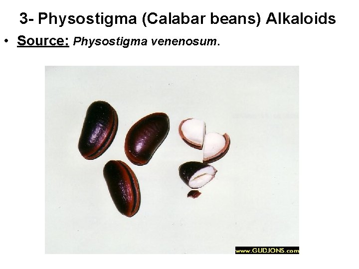 3 - Physostigma (Calabar beans) Alkaloids • Source: Physostigma venenosum. 