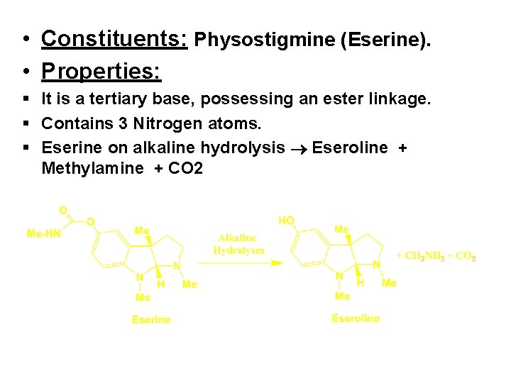  • Constituents: Physostigmine (Eserine). • Properties: § It is a tertiary base, possessing