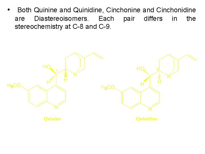 • Both Quinine and Quinidine, Cinchonine and Cinchonidine are Diastereoisomers. Each stereochemistry at