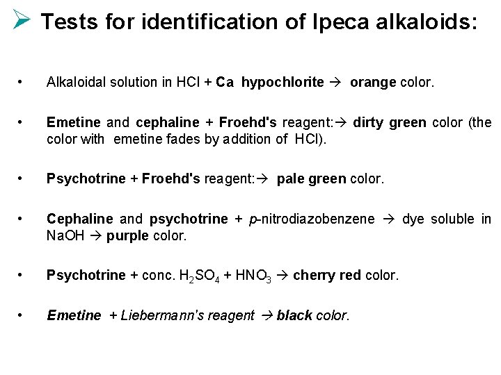 Ø Tests for identification of Ipeca alkaloids: • Alkaloidal solution in HCl + Ca