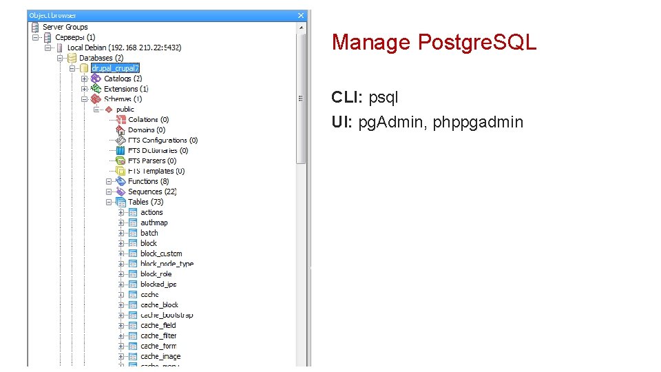 Manage Postgre. SQL CLI: psql UI: pg. Admin, phppgadmin 