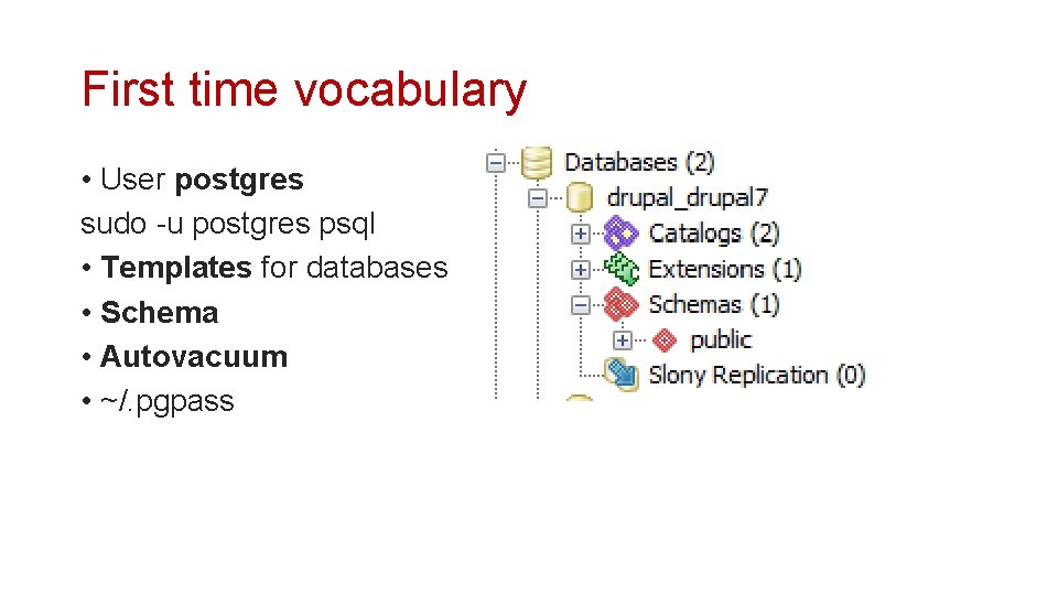 First time vocabulary • User postgres sudo -u postgres psql • Templates for databases