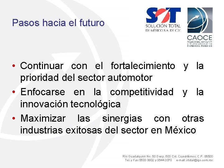 Pasos hacia el futuro • Continuar con el fortalecimiento y la prioridad del sector