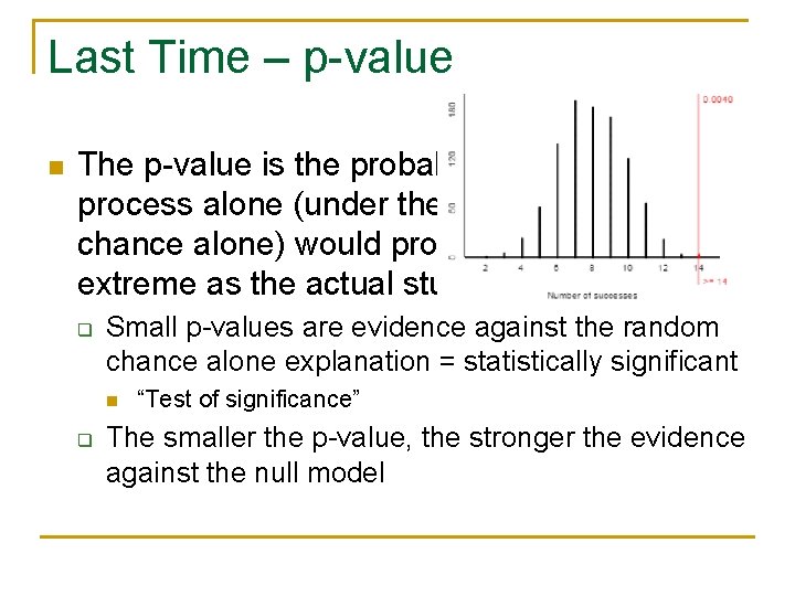 Last Time – p-value n The p-value is the probability that a random process