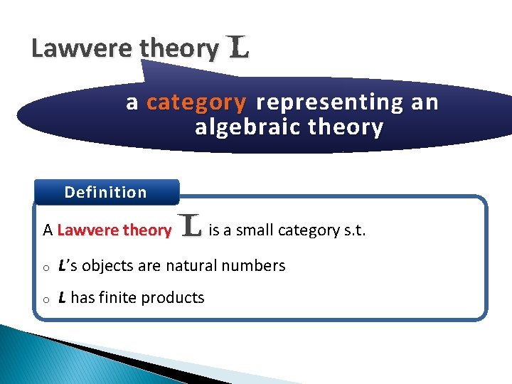 Lawvere theory L a category representing an algebraic theory Definition A Lawvere theory L