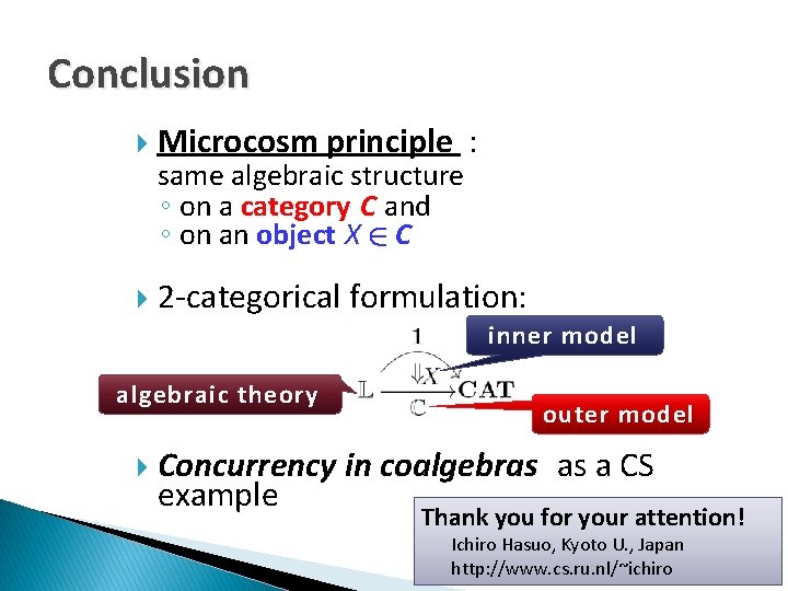 Conclusion Microcosm principle : 2 -categorical formulation: same algebraic structure ◦ on a category