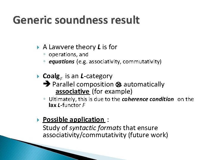 Generic soundness result A Lawvere theory L is for Coalg F is an L-category