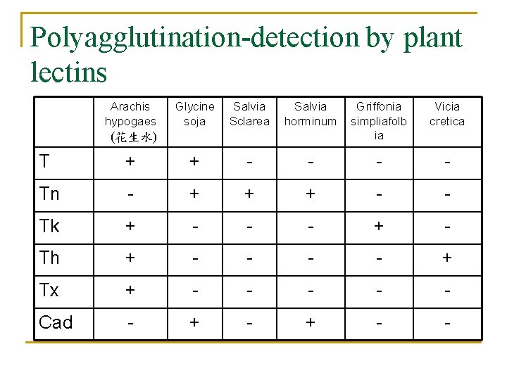 Polyagglutination-detection by plant lectins Arachis hypogaes Glycine Salvia soja Sclarea Salvia horminum Griffonia simpliafolb