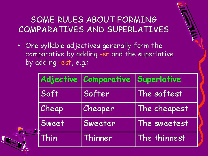 SOME RULES ABOUT FORMING COMPARATIVES AND SUPERLATIVES • One syllable adjectives generally form the