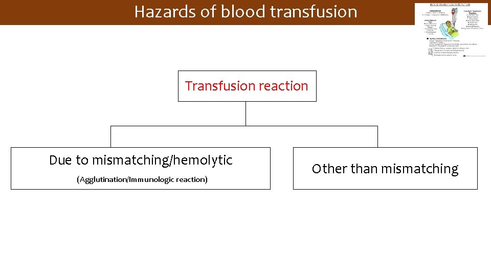 Hazards of blood transfusion Transfusion reaction Due to mismatching/hemolytic (Agglutination/Immunologic reaction) Other than mismatching