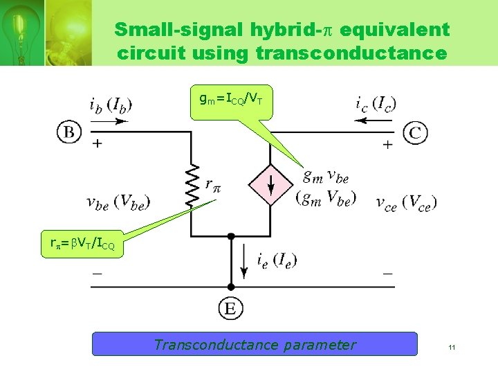 Small-signal hybrid- equivalent circuit using transconductance gm=ICQ/VT r = VT/ICQ Transconductance parameter 11 