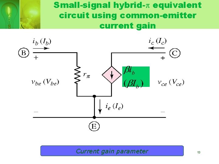 Small-signal hybrid- equivalent circuit using common-emitter current gain Current gain parameter 13 
