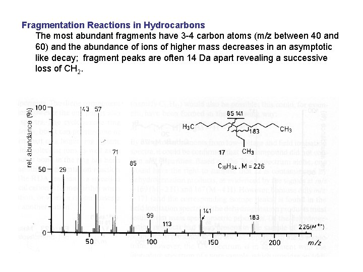 Fragmentation Reactions in Hydrocarbons The most abundant fragments have 3 -4 carbon atoms (m/z