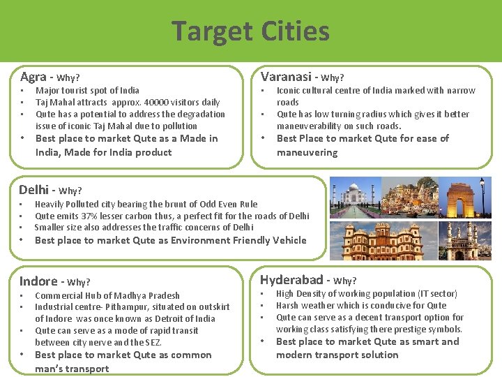 Target Cities Agra - Why? • • Major tourist spot of India Taj Mahal