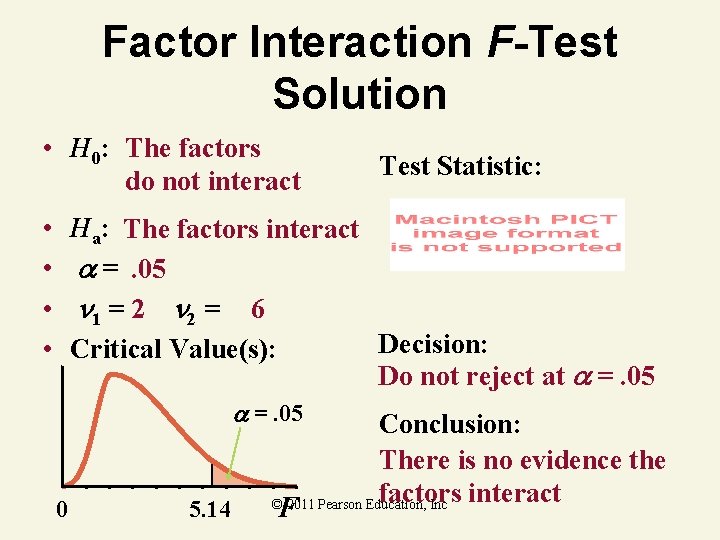 Factor Interaction F-Test Solution • H 0: The factors do not interact • •