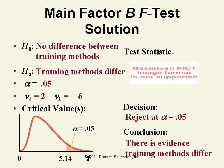 Main Factor B F-Test Solution • H 0: No difference between Test Statistic: training