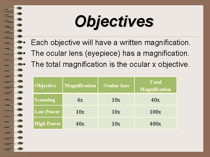 Objectives • Each objective will have a written magnification. • The ocular lens (eyepiece)