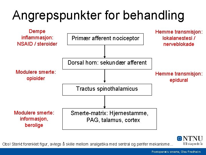 Angrepspunkter for behandling Dempe inflammasjon: NSAID / steroider Primær afferent nociceptor Hemme transmisjon: lokalanestesi