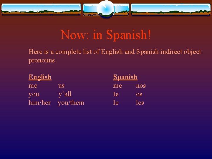 Now: in Spanish! Here is a complete list of English and Spanish indirect object