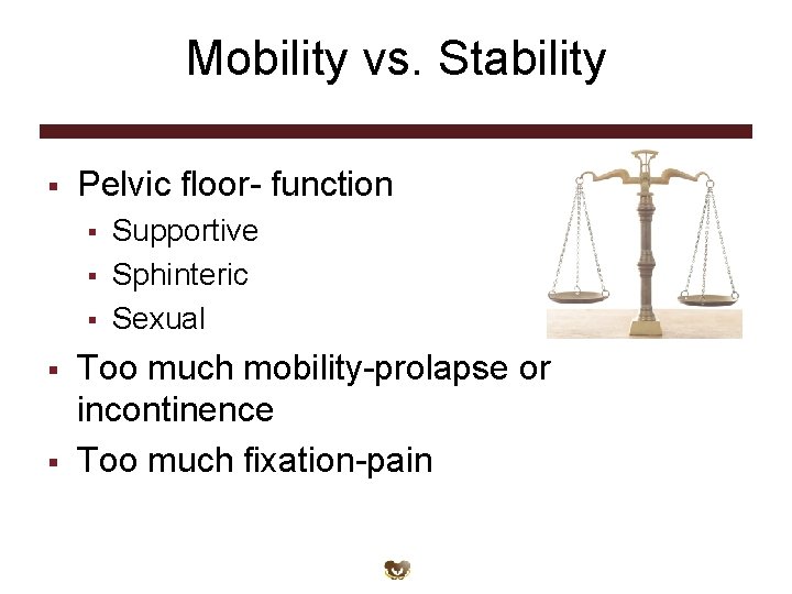 Mobility vs. Stability § Pelvic floor- function § § § Supportive Sphinteric Sexual Too Mobility vs. Stability § Pelvic floor- function § § § Supportive Sphinteric Sexual Too