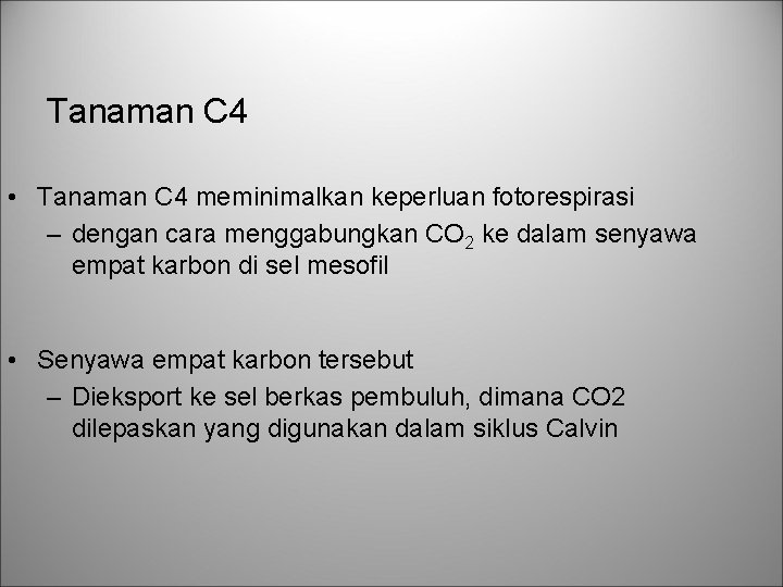 Tanaman C 4 • Tanaman C 4 meminimalkan keperluan fotorespirasi – dengan cara menggabungkan