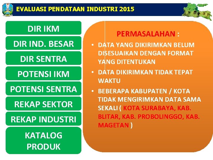 EVALUASI PENDATAAN INDUSTRI 2015 DIR IKM DIR IND. BESAR DIR SENTRA POTENSI IKM POTENSI