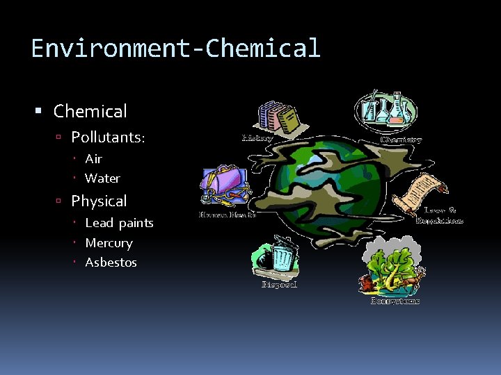 Environment-Chemical Pollutants: Air Water Physical Lead paints Mercury Asbestos 