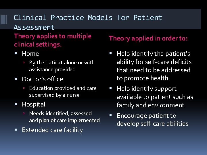 Clinical Practice Models for Patient Assessment Theory applies to multiple clinical settings. Home By