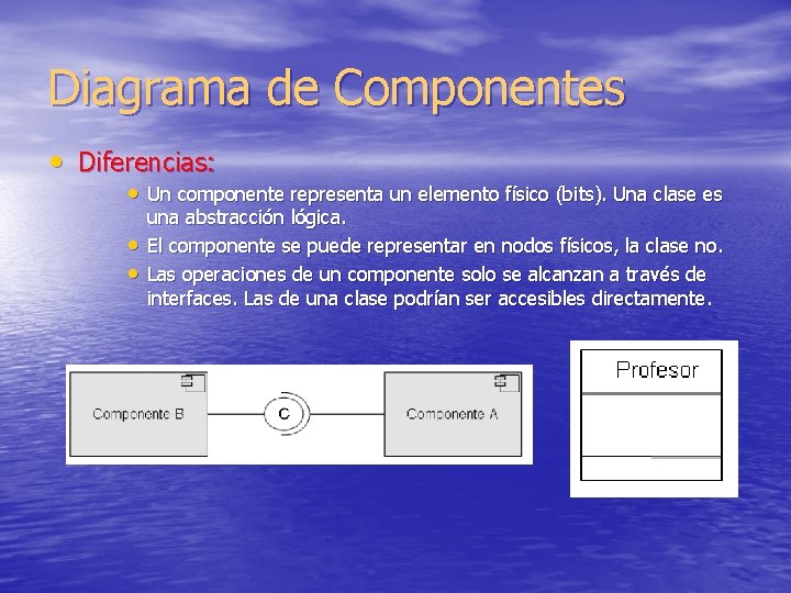Diagrama de Componentes • Diferencias: • Un componente representa un elemento físico (bits). Una