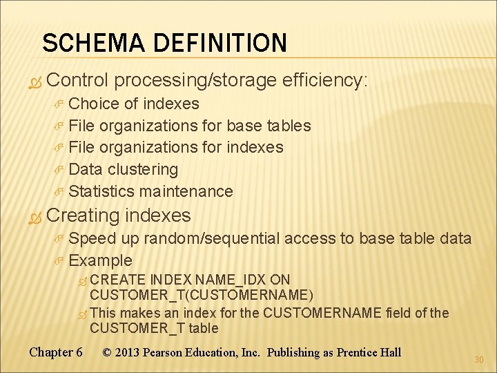 SCHEMA DEFINITION Control processing/storage efficiency: Choice of indexes File organizations for base tables File