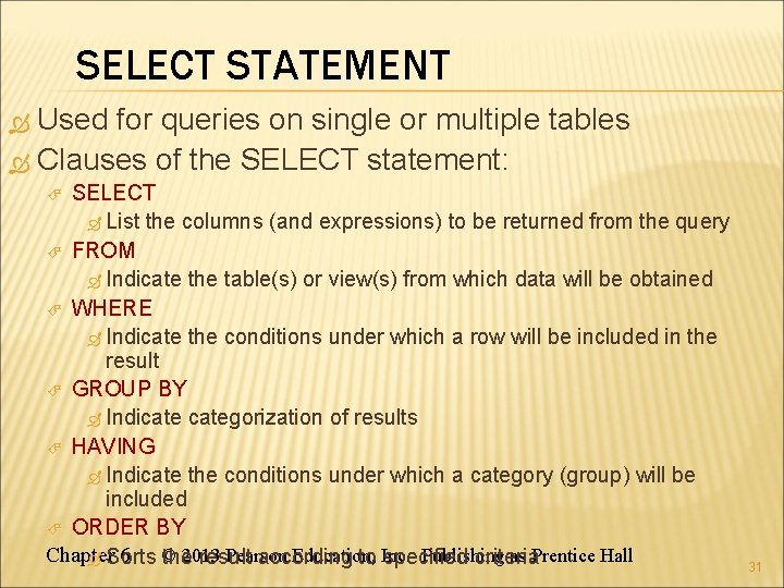 SELECT STATEMENT Used for queries on single or multiple tables Clauses of the SELECT