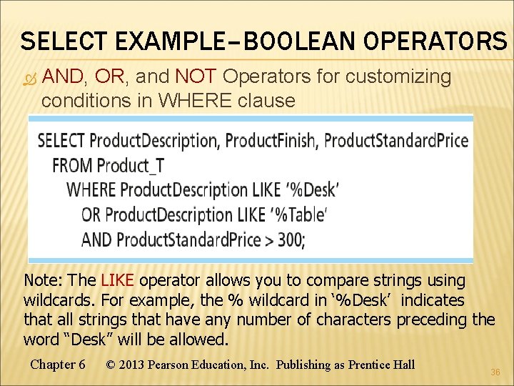 SELECT EXAMPLE–BOOLEAN OPERATORS AND, NOT Operators for customizing AND OR, and OR NOT conditions