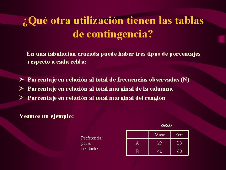 ¿Qué otra utilización tienen las tablas de contingencia? En una tabulación cruzada puede haber