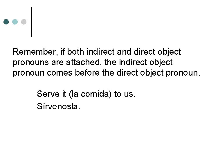 Remember, if both indirect and direct object pronouns are attached, the indirect object pronoun