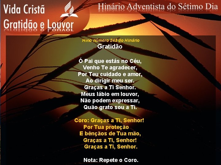 Hino número 245 do Hinário Gratidão Ó Pai que estás no Céu, Venho Te