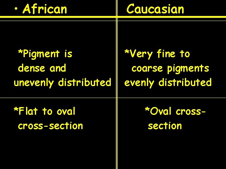 • African Caucasian *Pigment is dense and unevenly distributed *Very fine to coarse • African Caucasian *Pigment is dense and unevenly distributed *Very fine to coarse